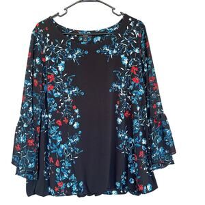 Alfani Womens Floral Blouse Plus Size 2X Sheer Bell Sleeve Office Casual Black